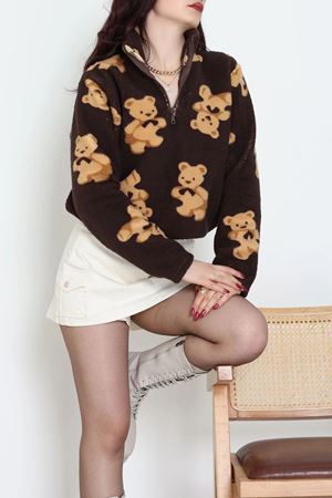 Kadın Yarım Fermuarlı Peluş Sweat Kahve