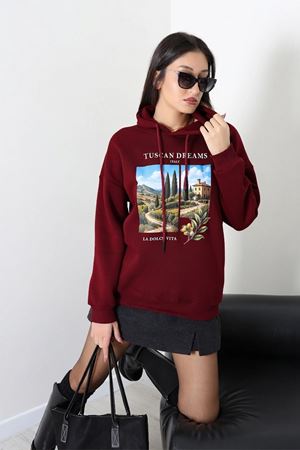 Kadın Üç İplik Kapüşonlu Baskılı Sweat Bordo