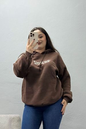 Kadın Üç İplik Kapşonlu Baskılı Sweat Kahve Model TV-101446