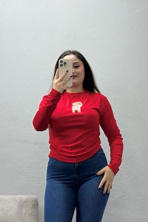 Kadın Desenli Bisiklet Yaka Body Kırmızı