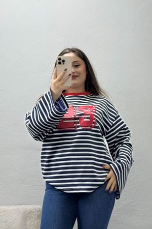 Kadın Çizgili Baskılı Bisiklet Yaka Sweatshirt Lacivert