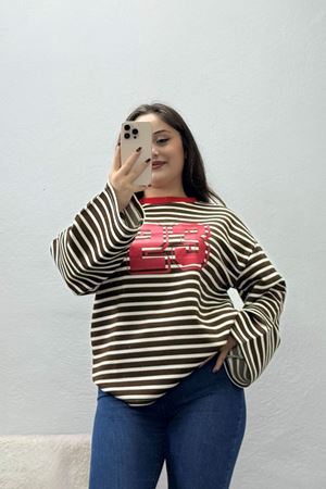 Kadın Çizgili Baskılı Bisiklet Yaka Sweatshirt Kahve