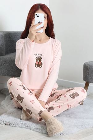 Kadın Soft Milan Enjeksiyon Baskılı Pijama Takımı Pudra