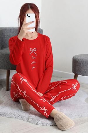 Kadın Soft Milan Baskılı Pijama Takımı Kırmızı
