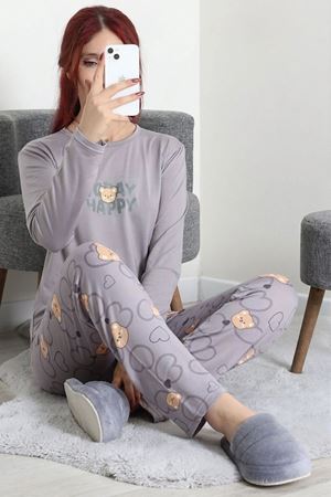 Kadın Soft Milan Baskılı Pijama Takımı Koyugri