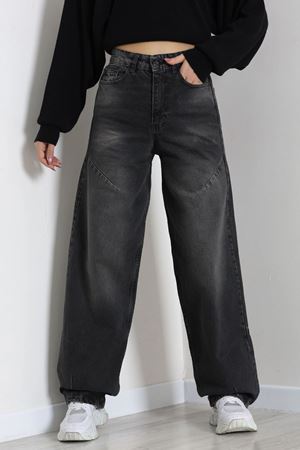 Kadın Tokalı Baggy Kot Pantolon Füme