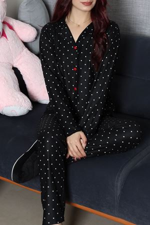 Kadın Süet Düğmeli Pijama Takımı Siyahyıldız