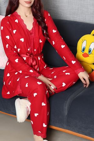 Kadın Süet 3'Lü Pijama Set Kırmızıbeyaz