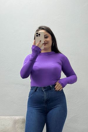 Kadın Dik Yaka Parmak Geçmeli Viskon Body Lila
