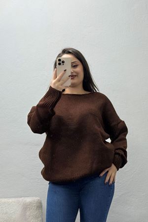 Kadın Düşük Kol Oversize Triko Kazak Kahve Model TV-90713