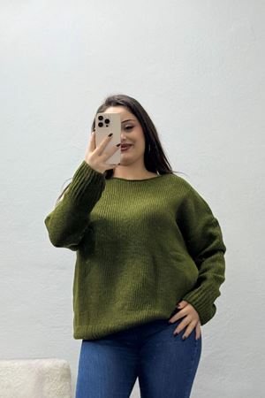 Kadın Düşük Kol Oversize Triko Kazak Haki