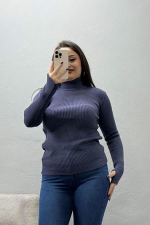 Kadın Dik Yaka Parmak Geçmeli Triko Body Lavanta
