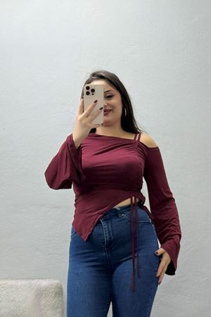 Kadın Sandy Büzgülü İspanyol Kol Bluz Bordo