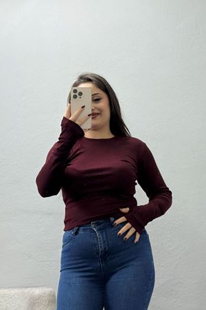 Kadın Bisiklet Yaka Buzzy Ribana Pamuk Geçmeli Body Bordo