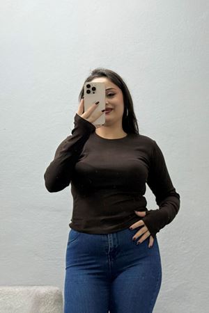 Kadın Bisiklet Yaka Buzzy Ribana Parmak Geçmeli Body Açık Kahve