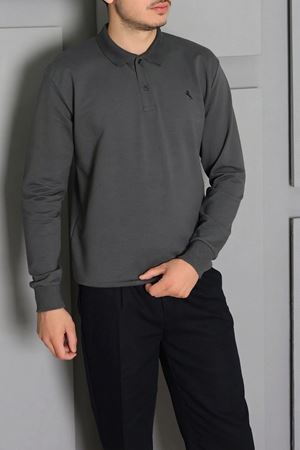 2 İplik Likralı Polo Yaka Erkek Sweat Füme