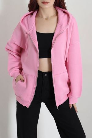 Kadın 3 İplik Şardonlu Fermuarlı Salaş Sweat Pembe