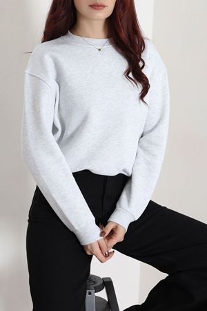 Kadın 3 İplik Bisiklet Yaka Şardonlu Sweatshirt Açıkgri