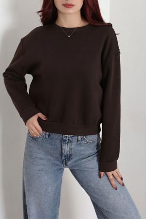Kadın 3 İplik Bisiklet Yaka Şardonlu Sweatshirt Kahve