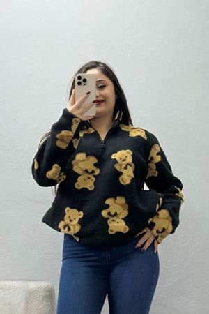 Kadın Yarım Fermuarlı Peluş Sweat Siyah
