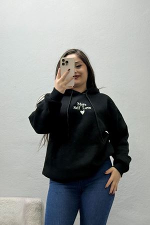 Kadın Üç İplik Kapşonlu Nakışlı Sweat Siyah Model TV-101437