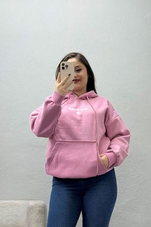 Kadın Üç İplik Kapşonlu Nakışlı Sweat Pembe Model TV-101528