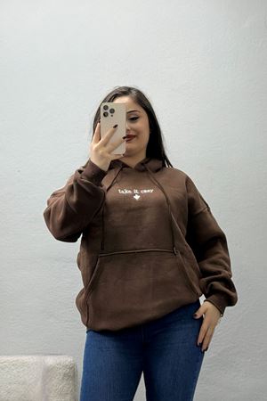 Kadın Üç İplik Kapşonlu Nakışlı Sweat Kahve Model TV-101529