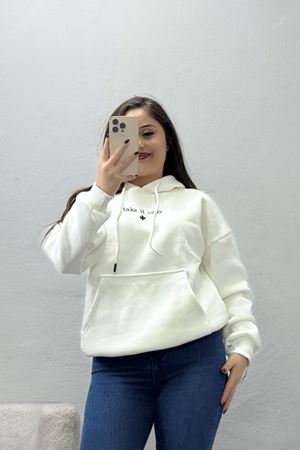 Kadın Üç İplik Kapşonlu Nakışlı Sweat Ekru Model TV-101531
