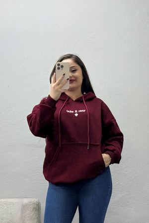 Kadın Üç İplik Kapşonlu Nakışlı Sweat Bordo
