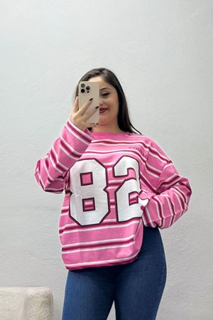 Kadın 2 İplik Çizgili Baskılı Bisiklet Yaka Sweat Pembe Model TV-102112