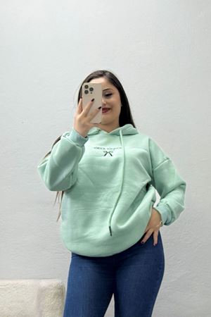 Kadın Üç İplik Kapşonlu Nakışlı Sweat Suyeşili