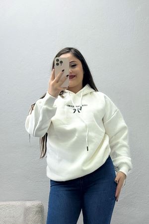 Kadın Üç İplik Kapşonlu Nakışlı Sweat Ekru