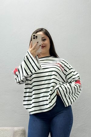 Kadın İnterlok Çizgili Baskılı Sweat Beyazlaci