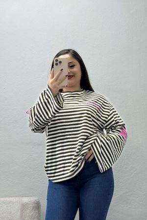 Kadın İnterlok Çizgili Baskılı Sweat Kahvebeyaz