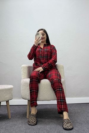 Kadın Süet Düğmeli Pijama Takımı Kırmızıekose