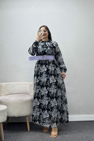Kadın Dik Yaka Desenli Şifon Elbise Siyah