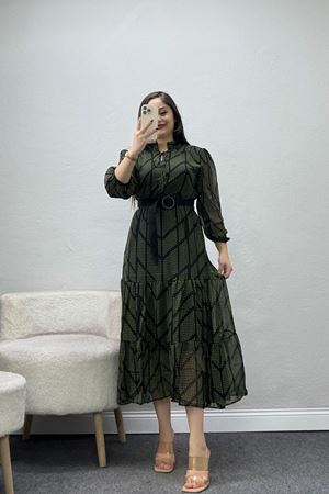 Kadın Desenli Kemerli Şifon Elbise Haki