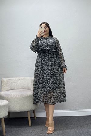 Kadın Desenli Dik Yaka Şifon Elbise Siyah Model TV-102222
