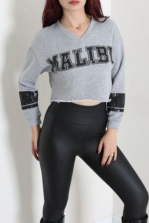 Kadın 3 İplik Şardonsuz Baskılı V Yaka Uzun Kol Crop Sweatshirt Gri
