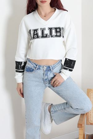 Kadın 3 İplik Şardonsuz Baskılı V Yaka Uzun Kol Crop Sweatshirt Beyaz
