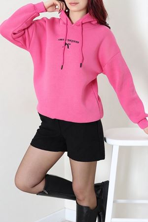 Kadın Üç İplik Kapşonlu Nakışlı Sweat Pembe