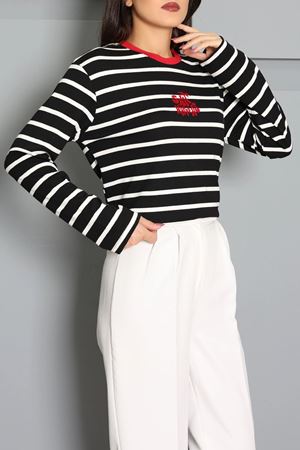 Kadın Ribana Çizgili Bisiklet Yaka Uzun Kollu Sweatshirt Siyah Beyaz