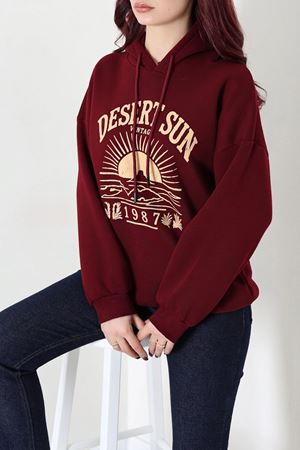 Kadın Üç İplik Kapüşonlu Baskılı Sweat Bordo Model TV-101833