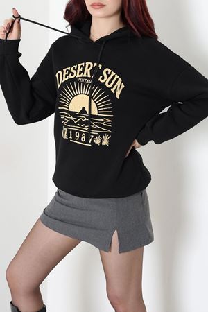 Kadın Üç İplik Kapüşonlu Baskılı Sweat Siyah Model TV-101835