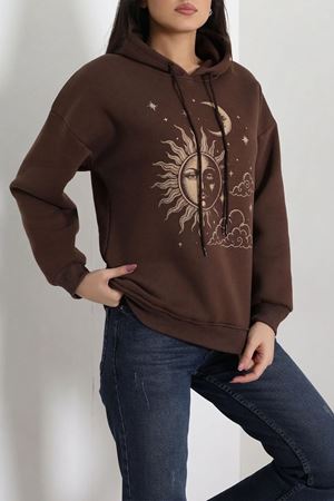 Kadın Üç İplik Kapüşonlu Baskılı Sweat Kahve Model TV-101970