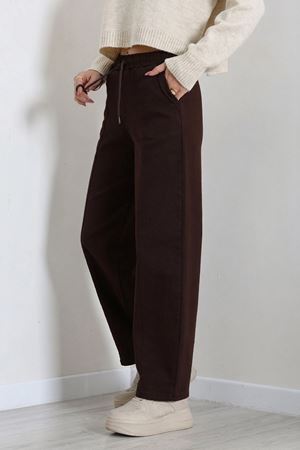 Kadın Beli Lastikli Baggy Kot Pantolon Kahve