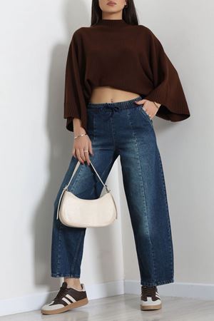 Kadın Beli Lastikli Baggy Kot Pantolon Koyumavi