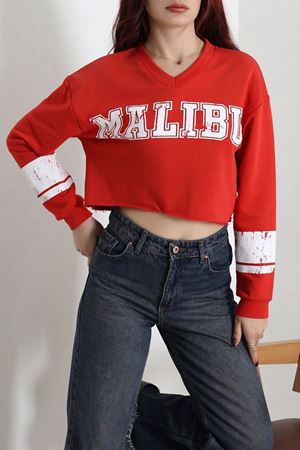 Kadın 3 İplik Şardonsuz Baskılı V Yaka Uzun Kol Crop Sweatshirt Kırmızı