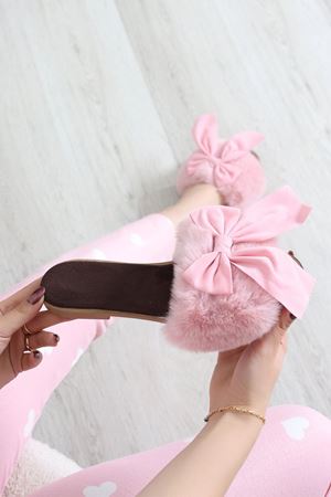 Kadın Kurdeleli Peluş Ev Terliği Pembe