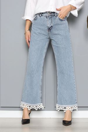 Kadın Denim Dantel Paçalı Kot Pantolon Açıkmavi